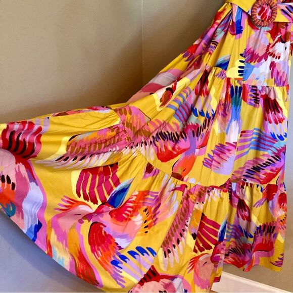 SOLD FARM Rio Neon Macaws Maxi Dress Beaded Tropical Bird Yellow Pink Size L - Picture 12 of 16